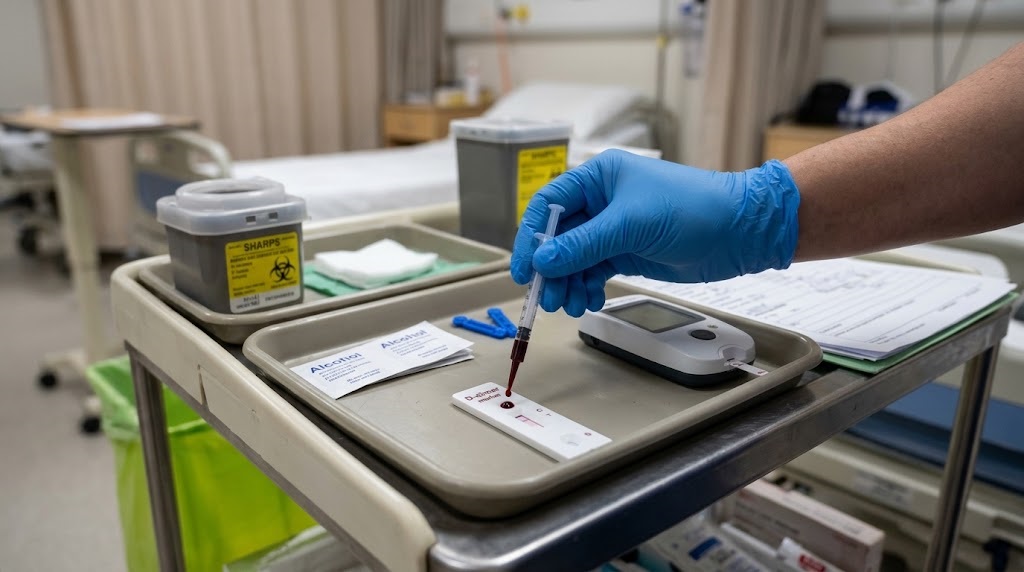 D-dimer test being run on a point-of-care cardiac marker reader at the bedside