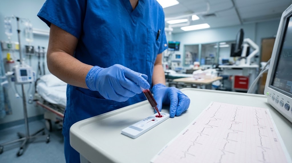 D-dimer test being run on a point-of-care cardiac marker reader at the bedside
